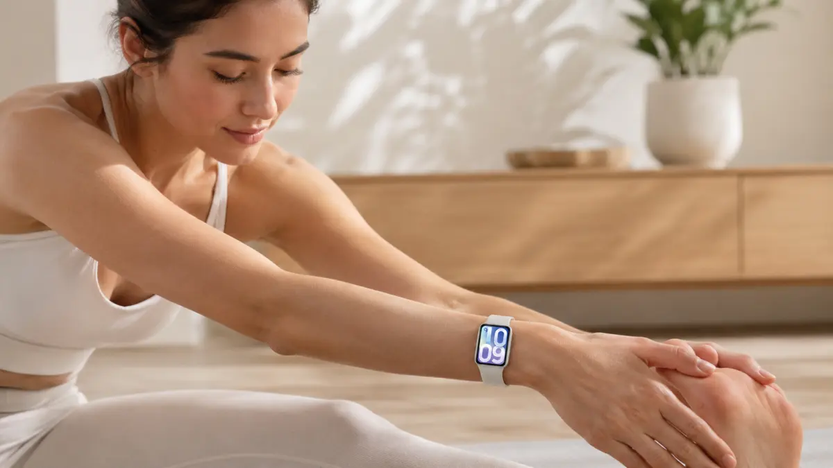 Mulher a alongar-se em casa com um smartwatch branco no pulso.