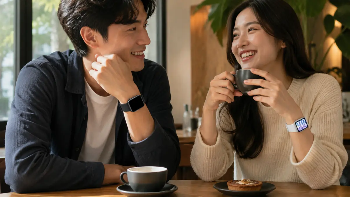 Casal sorridente num café com smartwatches preto e branco nos pulsos.