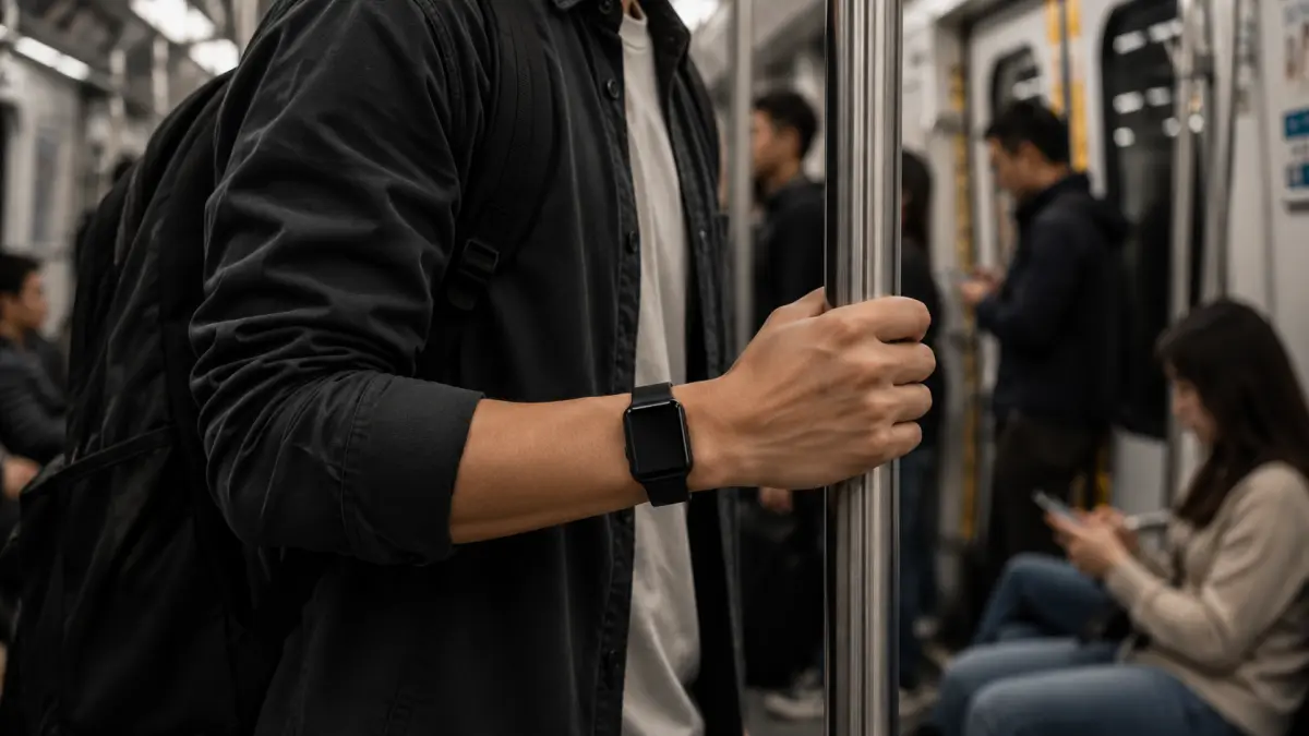 Homem a segurar a barra no metro com um smartwatch preto no pulso.