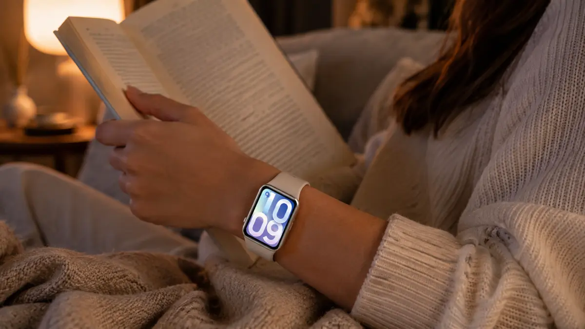 Mulher a ler um livro no sofá com um smartwatch branco no pulso.