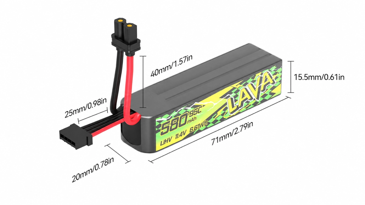 Akumulator BETAFPV LAVA II 3S 580 mAh 95C LiHV z widocznymi wymiarami produktu, przewodami oraz złączem XT30 do dronów FPV.