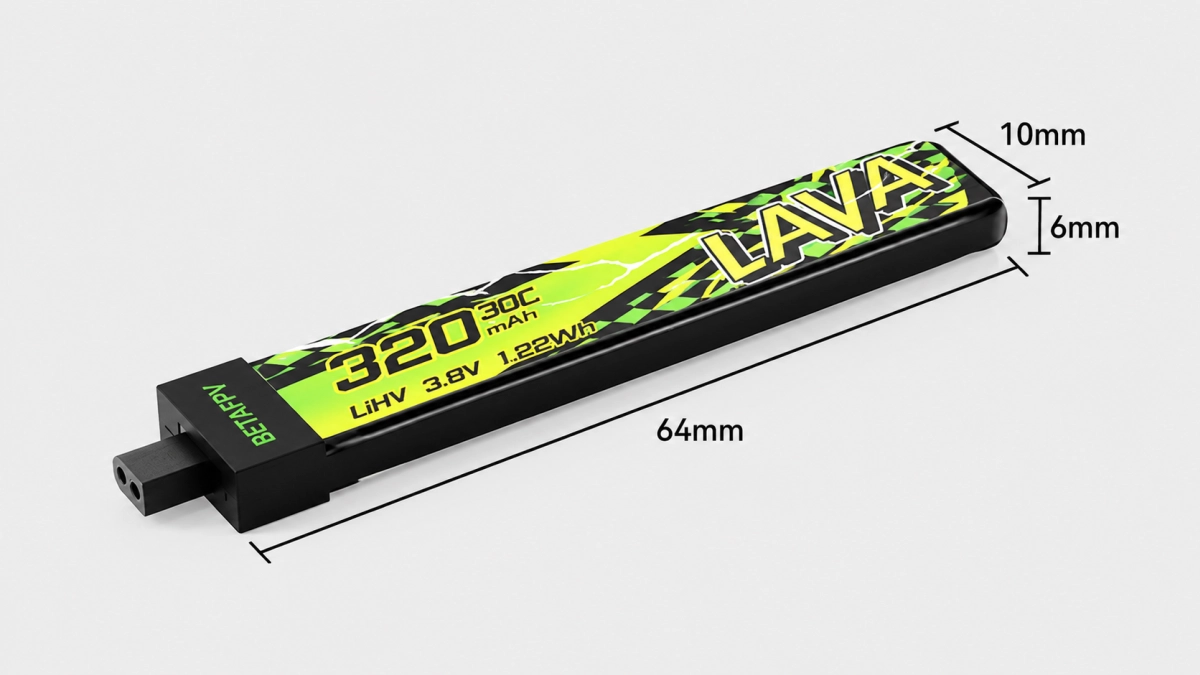 Akumulator BETAFPV LAVA II 1S 320 mAh LiHV z widocznymi wymiarami produktu, kompaktową konstrukcją i złączem BT2.0.