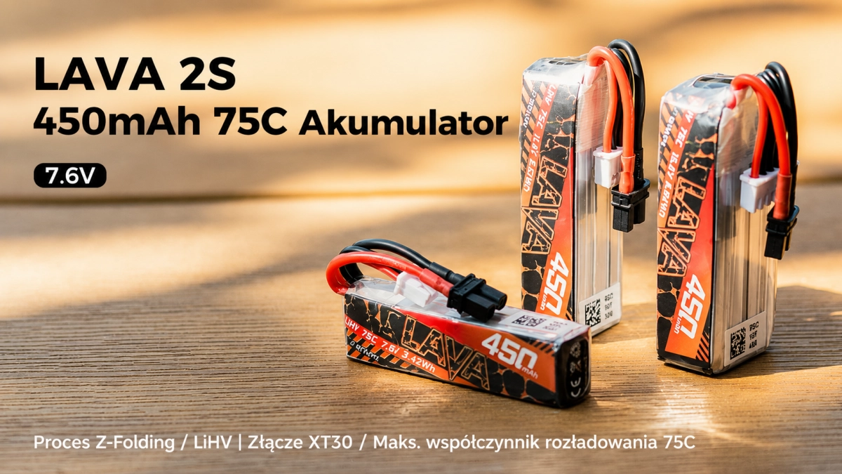 Akumulator BETAFPV LAVA 2S 450 mAh 75C LiHV z widocznym oznaczeniem napięcia 7,6 V, złączem XT30 oraz technologią Z-Folding