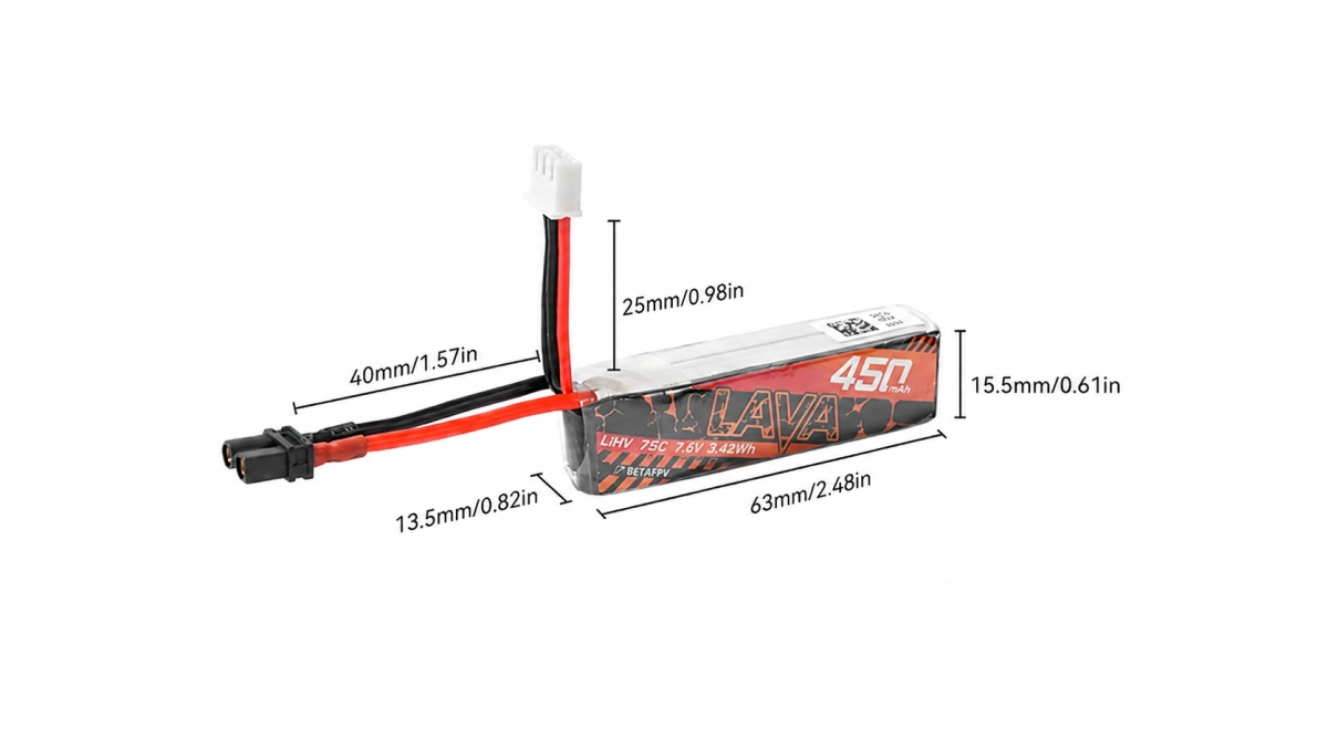 Akumulator BETAFPV LAVA 2S 450 mAh 75C LiHV z przedstawionymi wymiarami produktu, przewodami oraz złączami do podłączenia w dronie FPV.