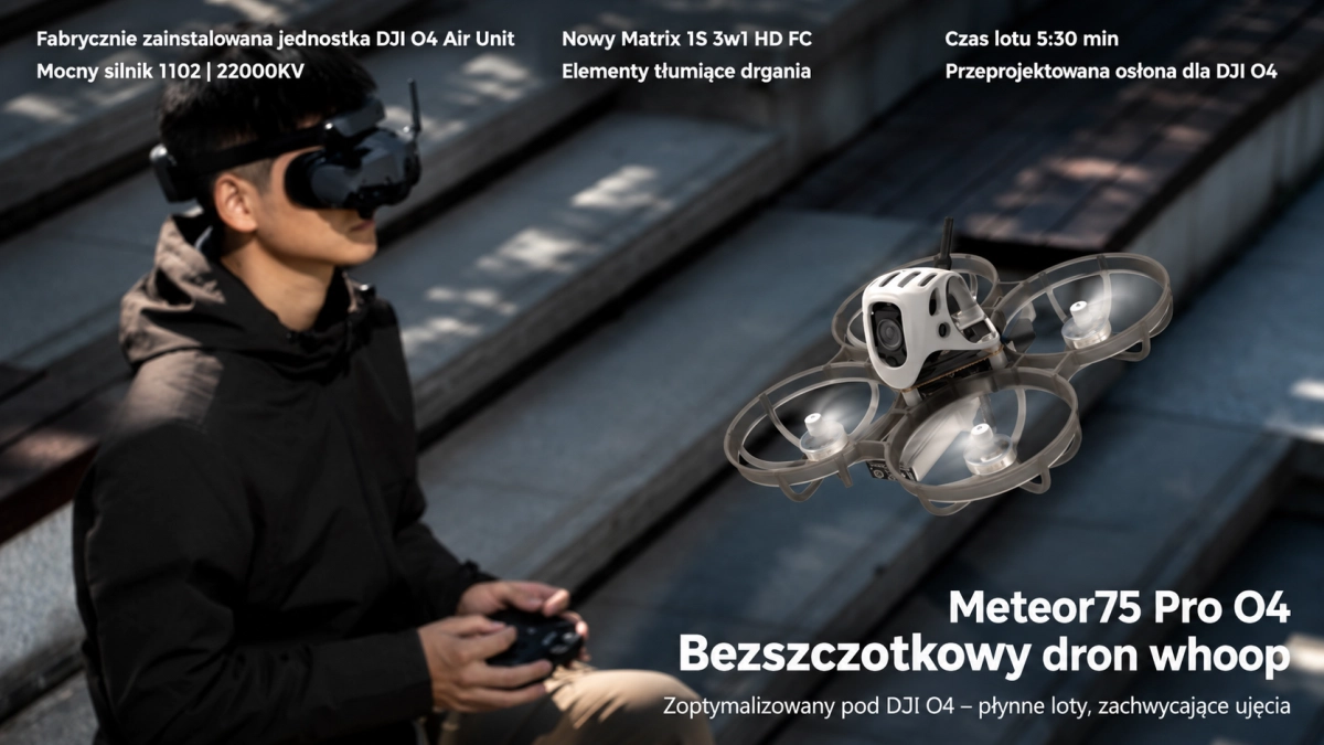 Dron BETAFPV Meteor75 Pro O4 podczas lotu FPV z pilotem w goglach, wyposażony w DJI O4 Air Unit, silnik 1102 22000KV i kontroler Matrix 1S 3w1 HD FC.
