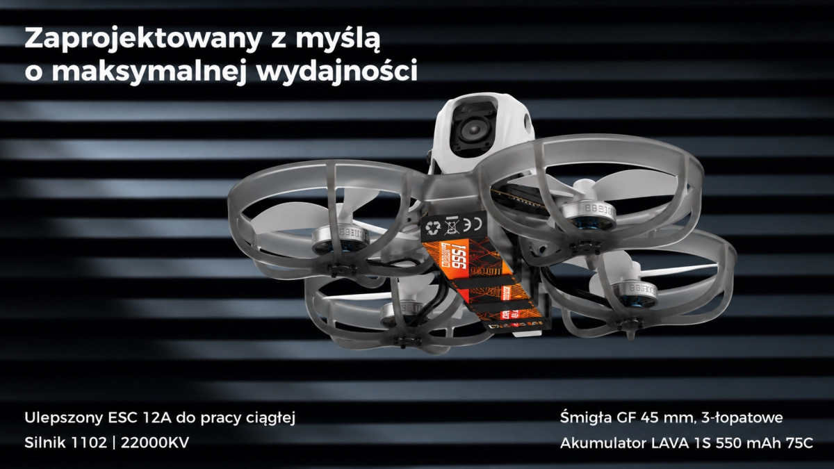 Dron BETAFPV Meteor75 Pro O4 zaprojektowany z myślą o wysokiej wydajności, z silnikiem 1102 22000KV, śmigłami GF 45 mm i akumulatorem LAVA 1S 550 mAh 75C.