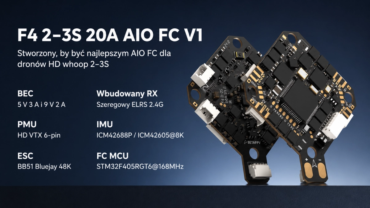 Kontroler lotu BETAFPV F4 2–3S 20A AIO FC V1 do dronów HD whoop z wbudowanym odbiornikiem ELRS 2.4G, ESC Bluejay 48K i procesorem STM32F405.