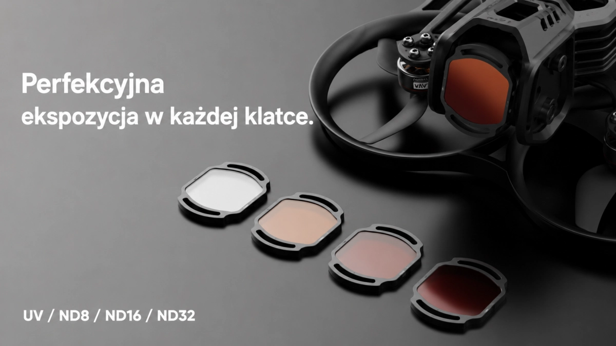 Dron BETAFPV Pavo20 Pro II z zestawem filtrów UV, ND8, ND16 i ND32 zapewniających lepszą ekspozycję podczas nagrywania.