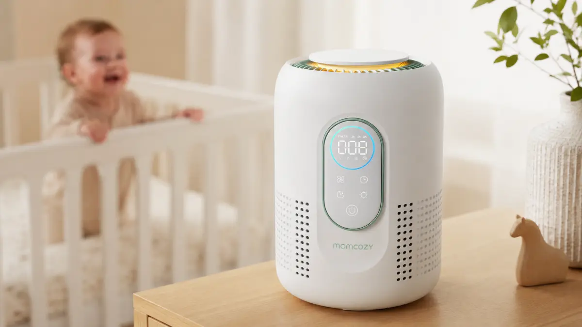 Purificador de ar no quarto infantil com uma criança ao fundo.