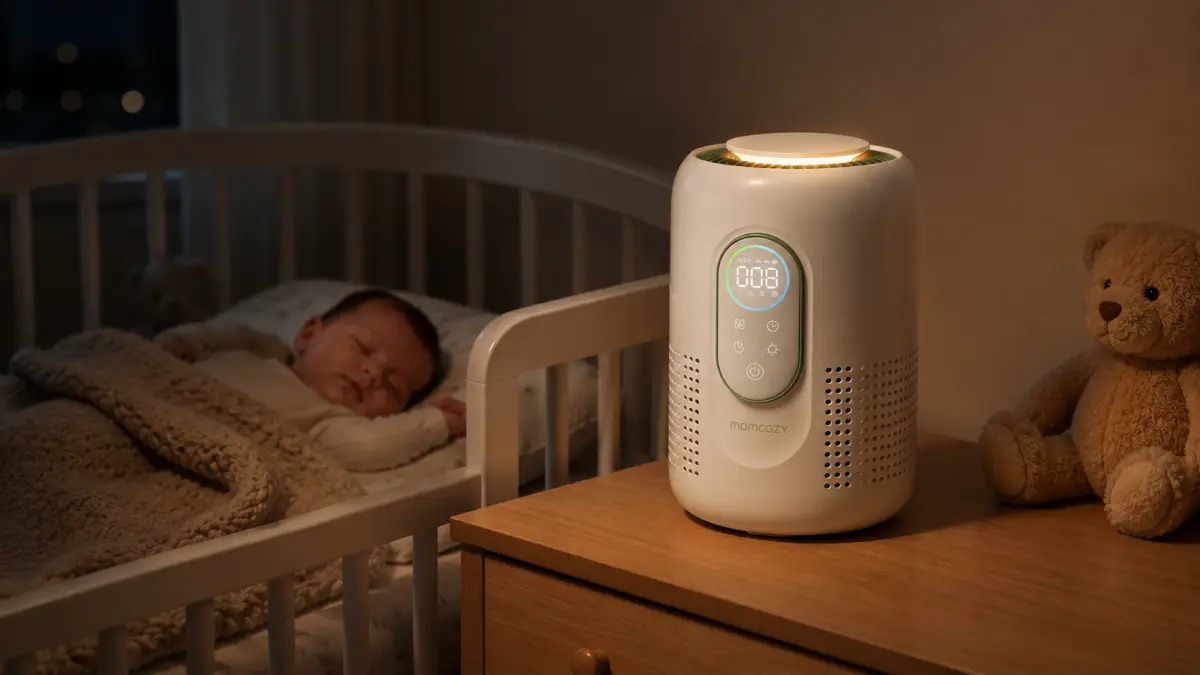Purificador de ar junto ao berço de uma criança a dormir com luz suave.