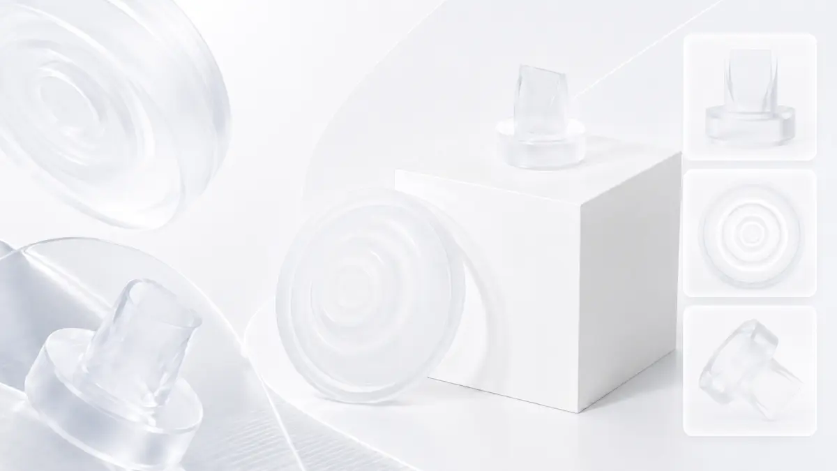 Cubo branco com elemento transparente fixado, detalhes adicionais em quadros laterais