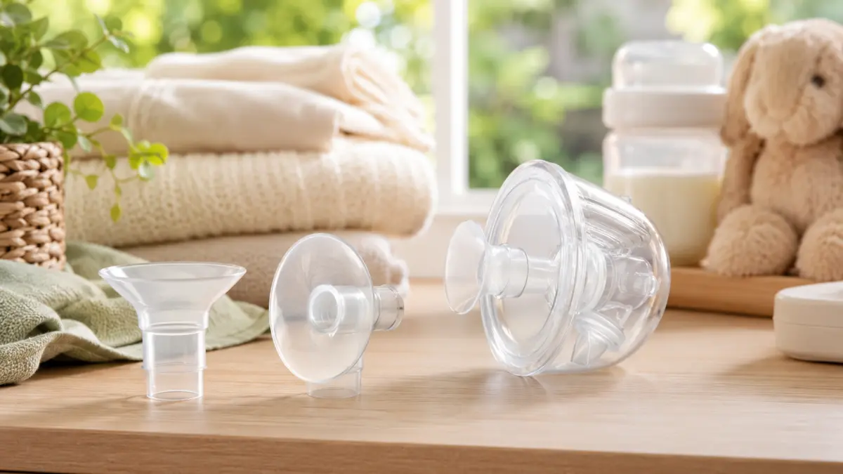 Piezas transparentes de un sacaleches colocadas sobre una encimera de madera en una habitaci&oacute;n infantil