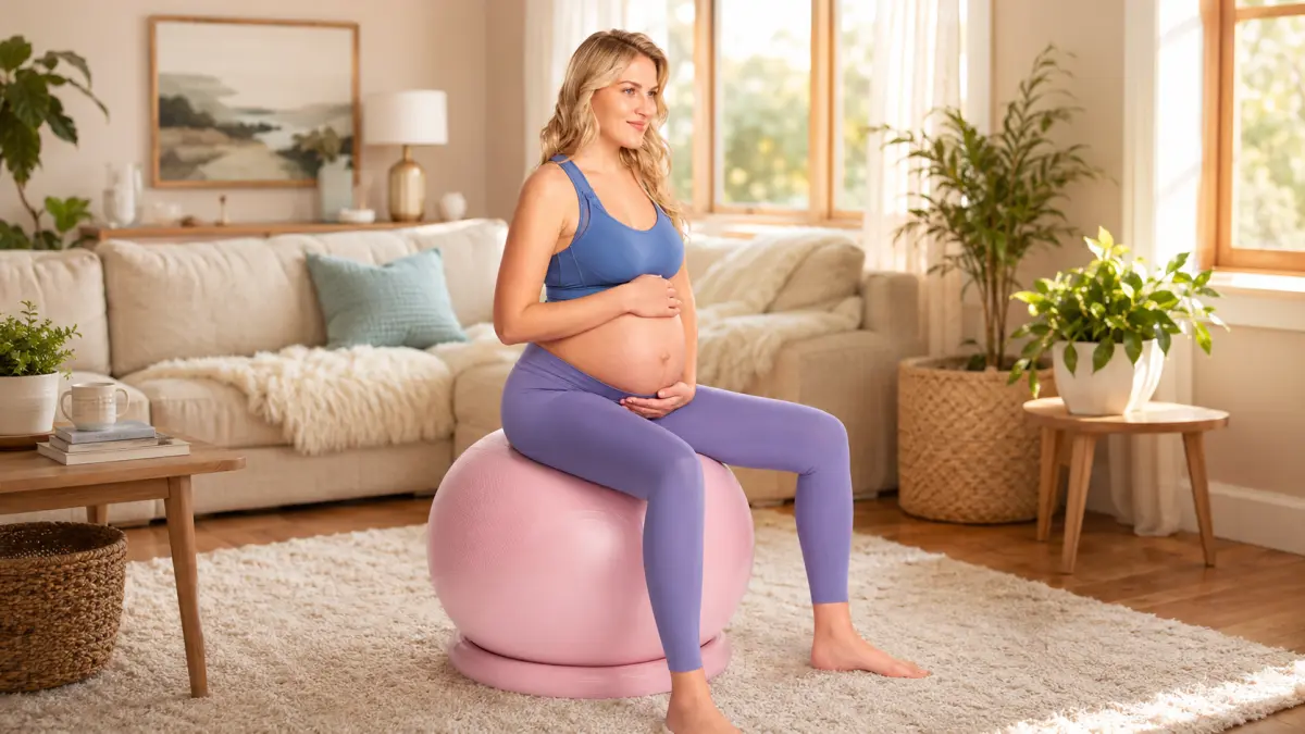 Těhotná žena sedí na růžovém gymnastickém míči v slunném obývacím pokoji