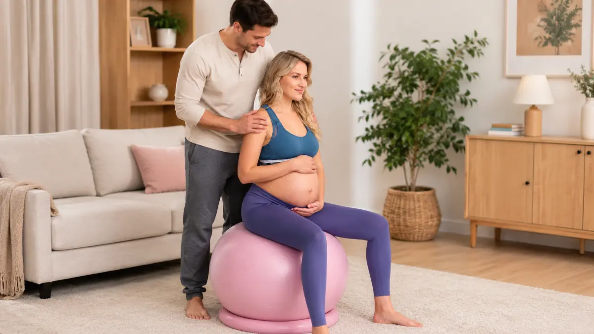 Muž masíruje ramena těhotné ženy sedící na růžovém gymnastickém míči