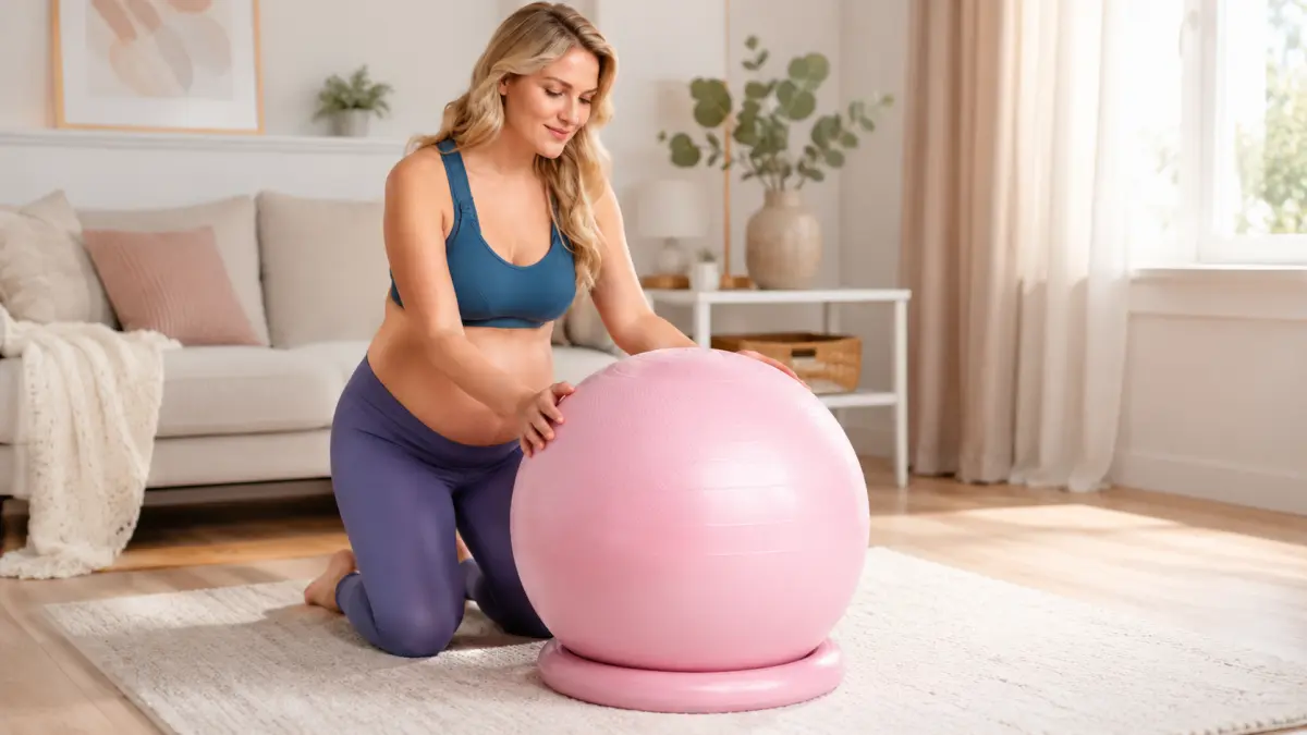 Těhotná žena klečí u růžového gymnastického míče na koberci ve světlém obývacím pokoji