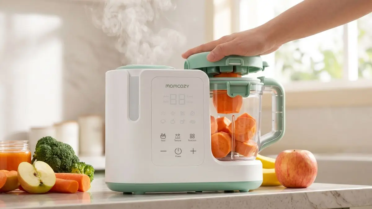 Dispositivo Momcozy FM03 para preparar refeições para bebés com legumes no recipiente.