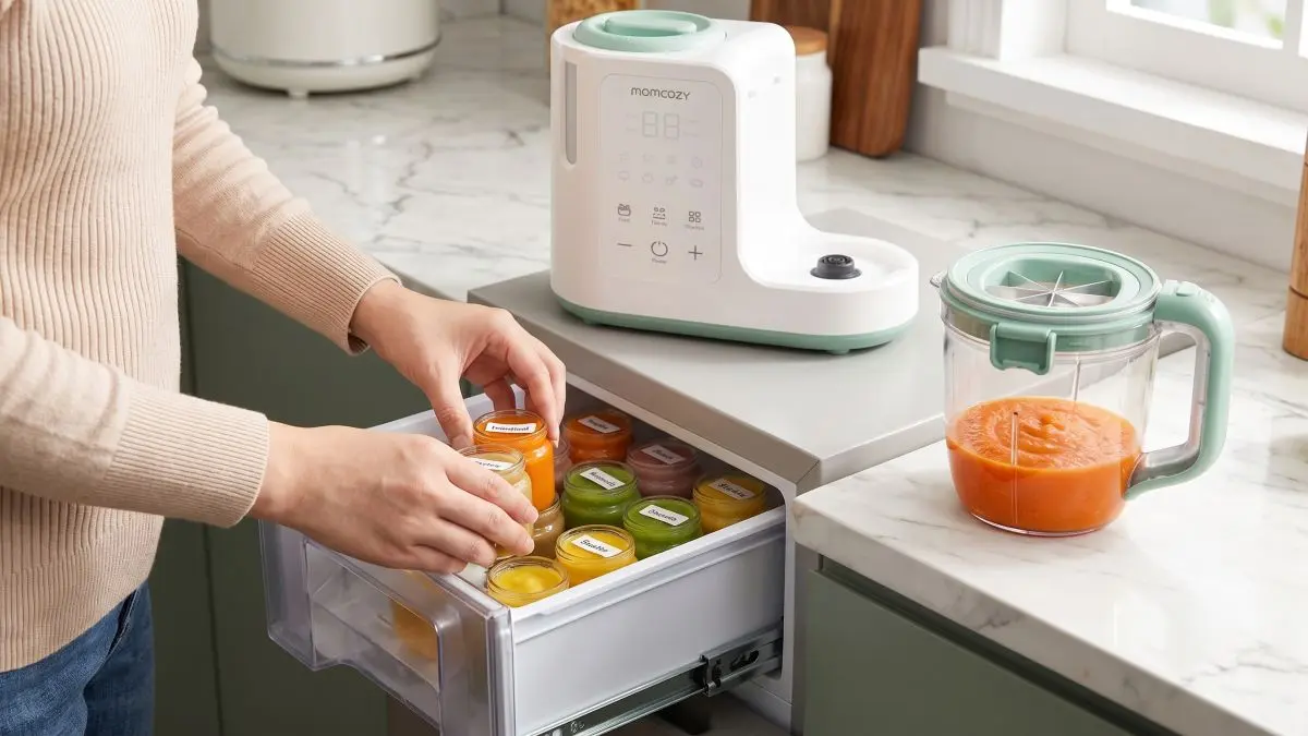 Dispositivo Momcozy para preparar comida para bebés ao lado de recipientes com refeições prontas.