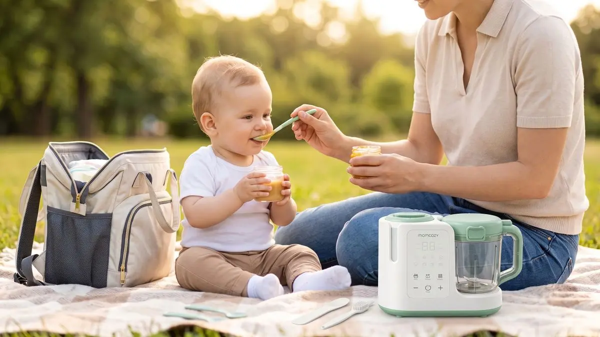 Mãe a dar uma refeição ao bebé ao ar livre junto ao dispositivo Momcozy FM03.