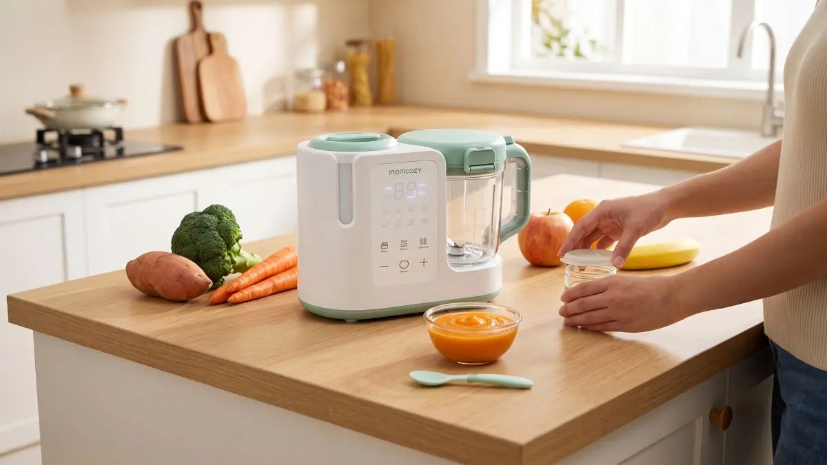 Dispositivo Momcozy FM03 na bancada da cozinha com puré preparado e legumes.