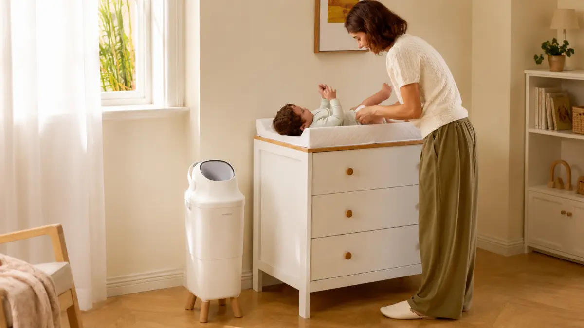 Mulher muda a fralda de um beb&eacute; numa c&oacute;moda, ao lado est&aacute; um cesto branco para fraldas.