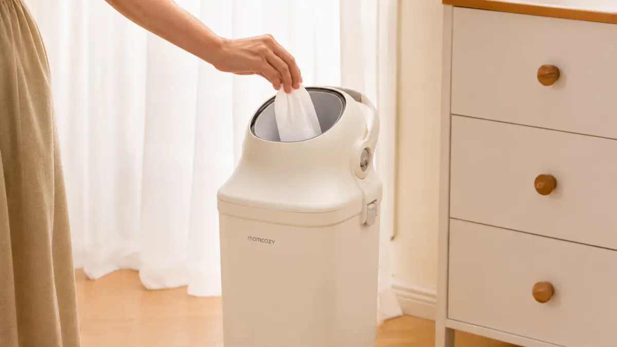 Uma m&atilde;o coloca uma fralda num cesto branco junto a uma c&oacute;moda com trocador.
