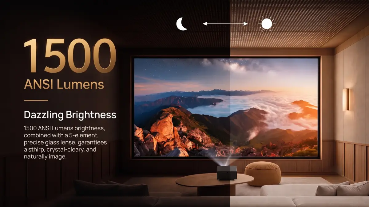 Elegant black Wanbo X7 Pro Max projector with gold details on a dark background