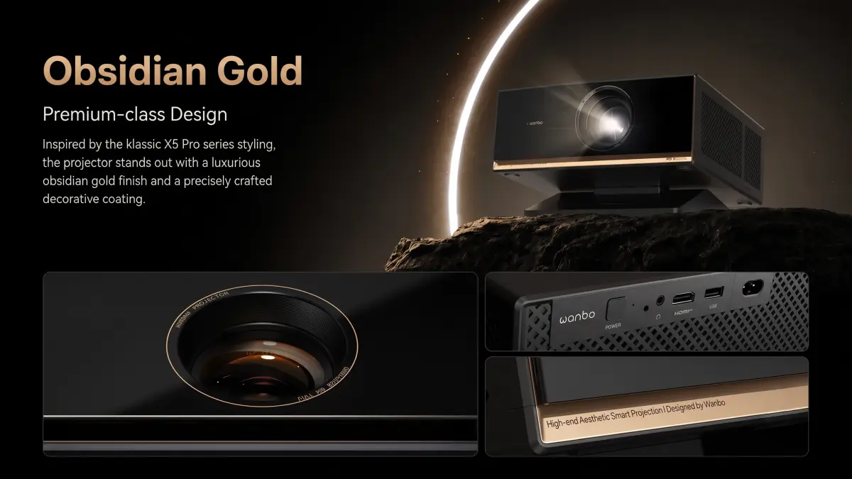 Electronic layout of the projector with a visible processor against a background of gold circuits