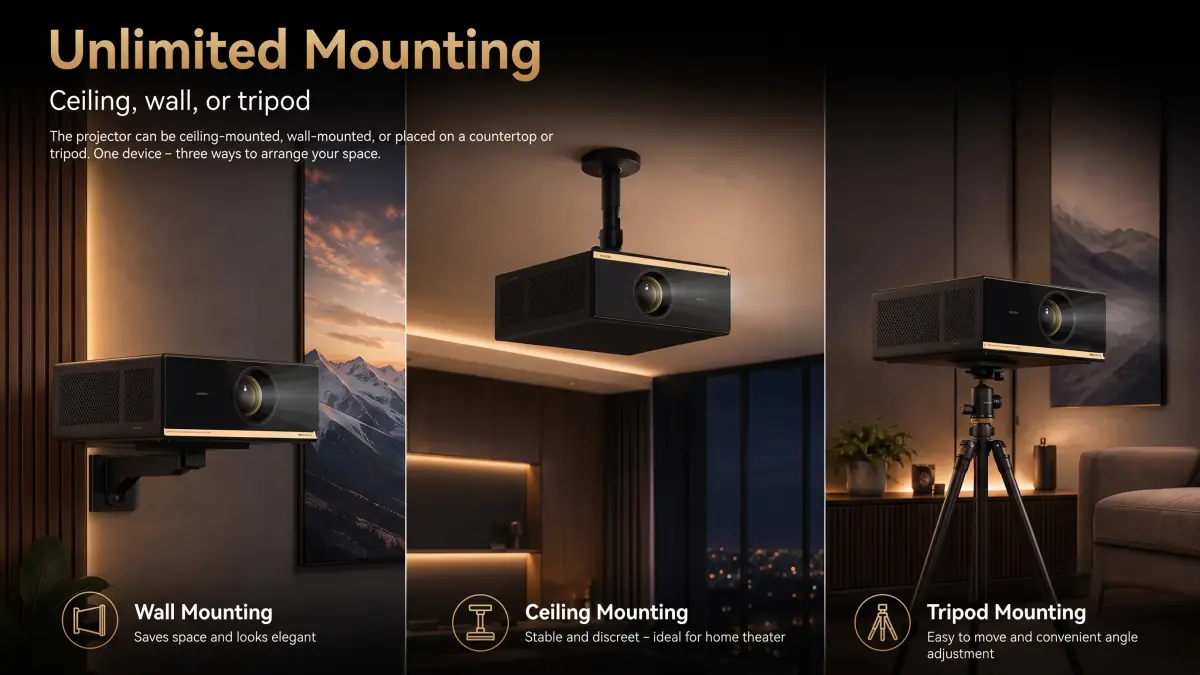 Projector displaying an image in a bright living room with day and night split
