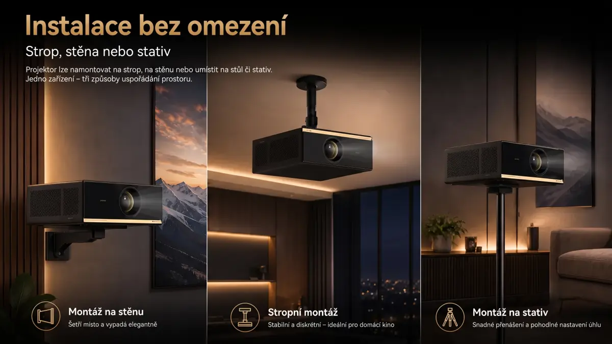Porovnání obrazu z projektoru s vysokým kontrastem v exteriérové scéně