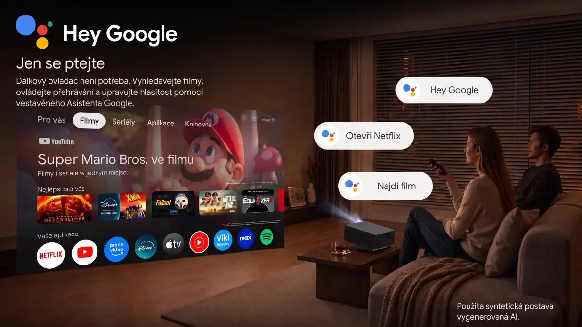 Projektor s rozhraním Google TV zobrazující streamovací aplikace
