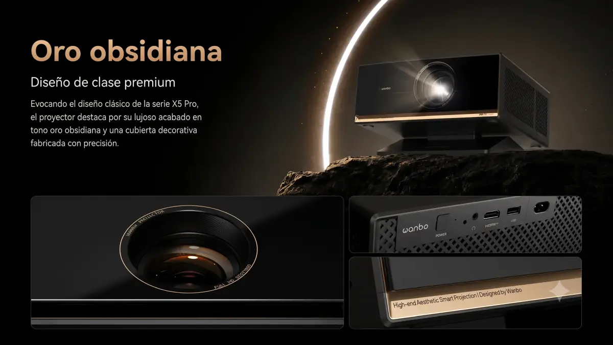 Elegante proyector negro Wanbo X7 Pro Max con detalles dorados sobre fondo oscuro