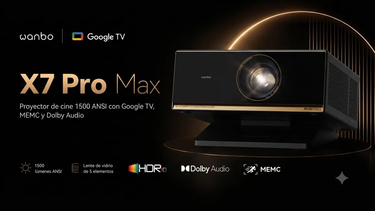 Proyector con interfaz Google TV mostrando aplicaciones de streaming