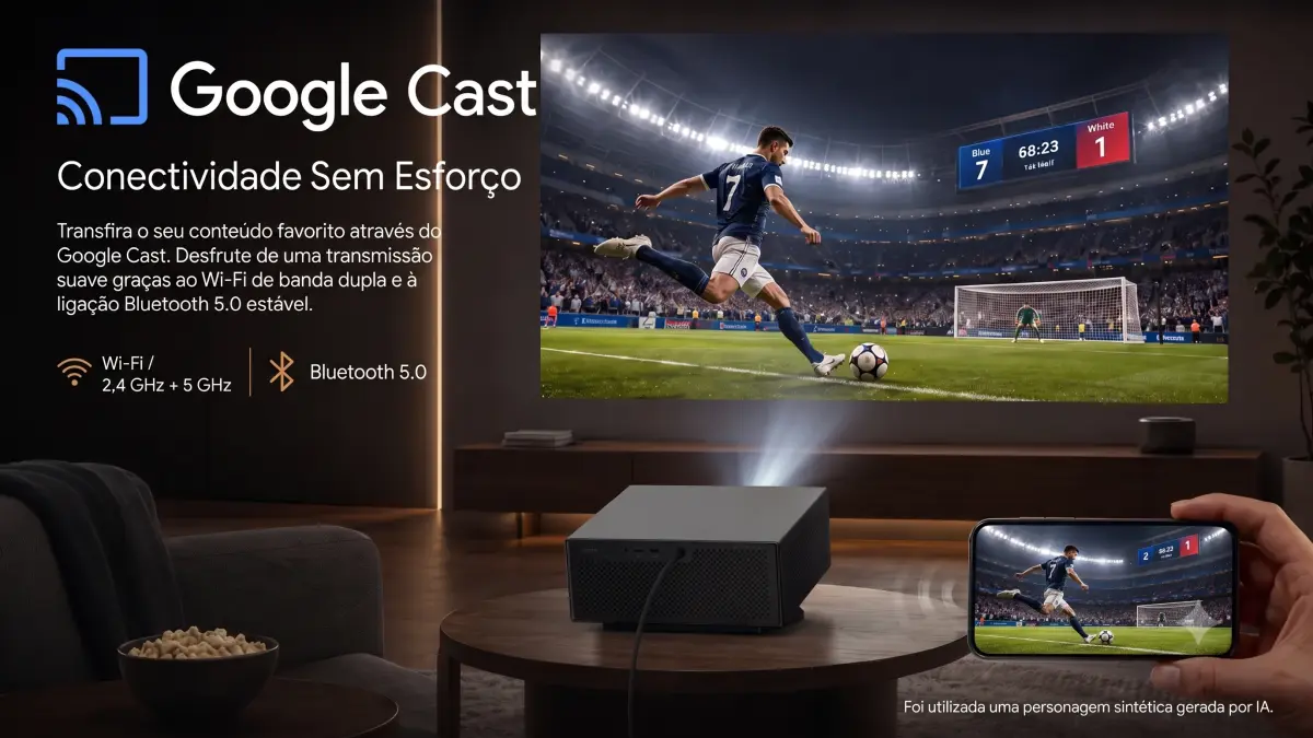 Projector displaying a sports broadcast from a phone via wireless connection