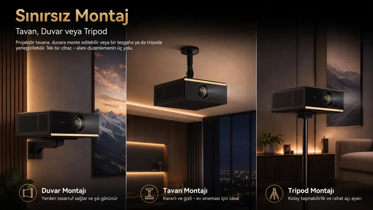 Koyu arka planda dışa uzatılmış lensiyle siyah Wanbo X7 Pro Max projektörü