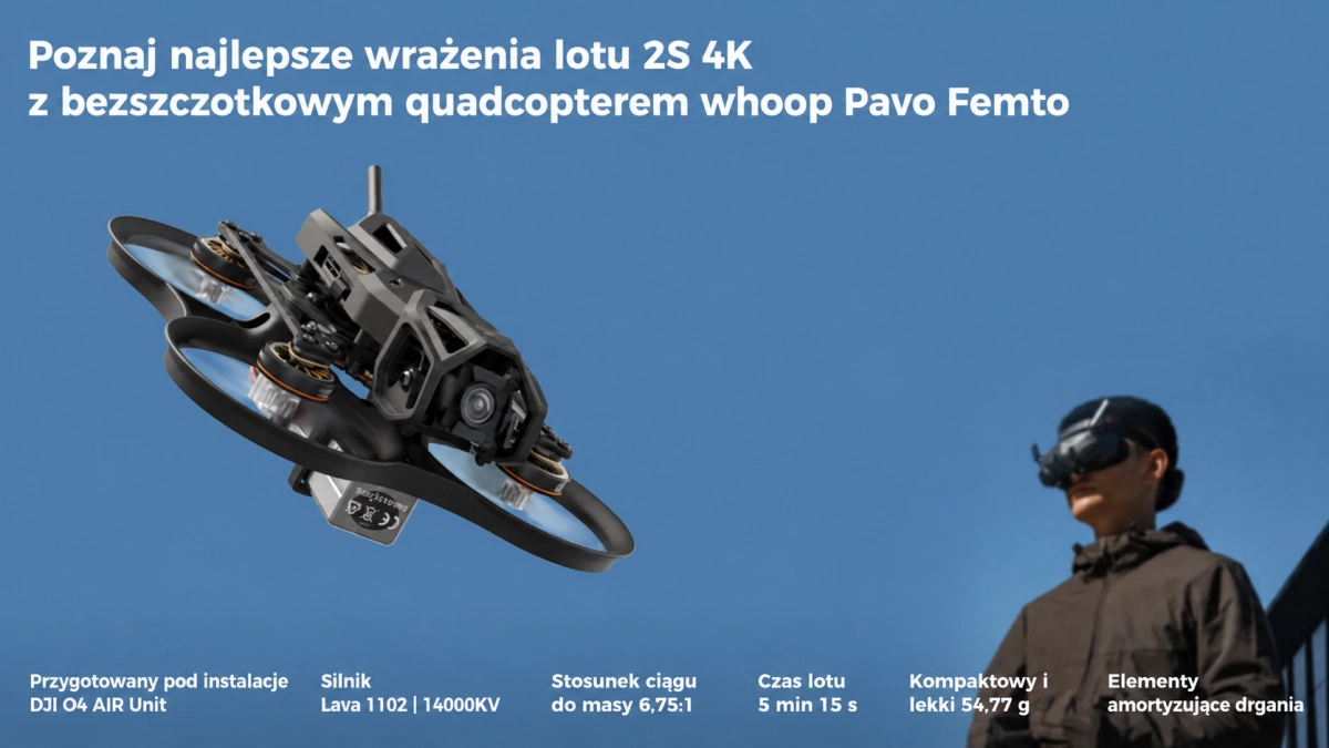 BETAFPV Pavo Femto 2S 4K durante un vuelo FPV con piloto y gafas sobre el fondo del cielo.