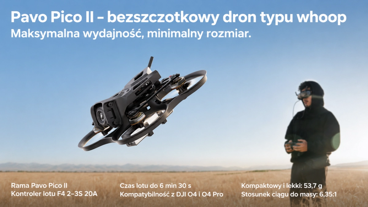 BETAFPV Pavo Pico II bezszczotkowy dron typu whoop podczas lotu z pilotem FPV w tle.