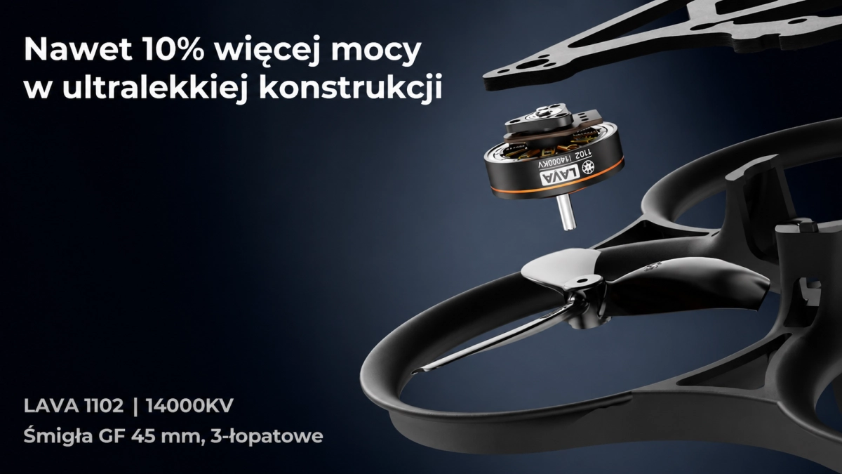 Motor BETAFPV LAVA 1102 14000KV con h&eacute;lice GF 45 mm 3-Blade en la estructura ligera del dron Pavo Pico II.
