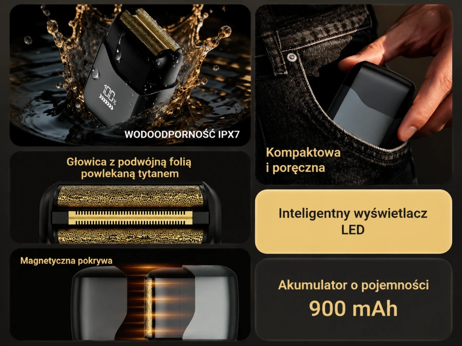 Las funciones más importantes de la afeitadora, incluyendo doble lámina, resistencia al agua IPX7, pantalla LED y batería de 900 mAh.