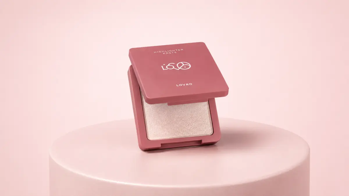 LOVRO Highlighter Paste numa embalagem rosa aberta sobre um pedestal
