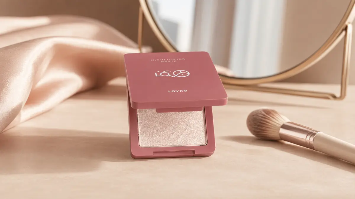 LOVRO Highlighter Paste ao lado de um espelho de m&atilde;o e de um pincel de maquilhagem