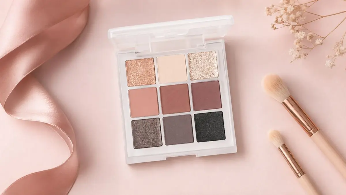 Paleta LOVRO Moderate aberta com sombras e pincéis sobre fundo rosa