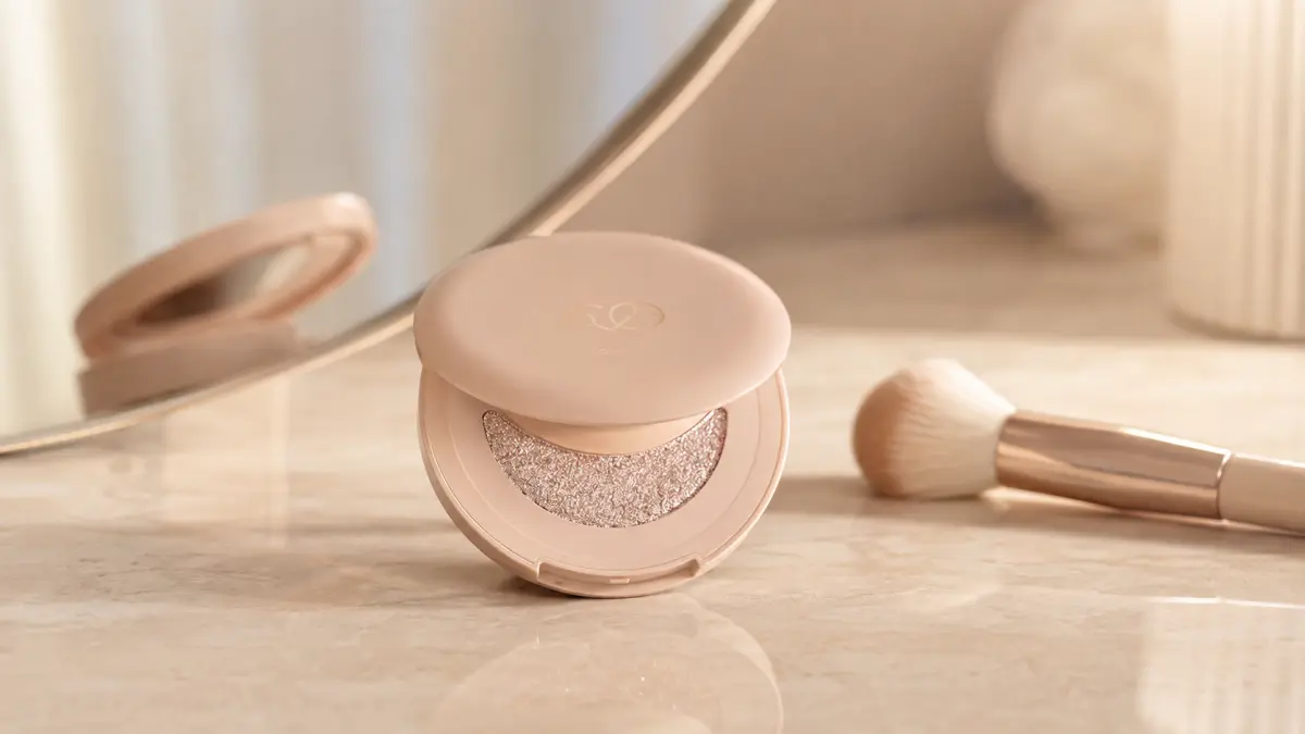 Открытый хайлайтер LOVRO Wet Glow рядом с зеркальцем и кистью для макияжа