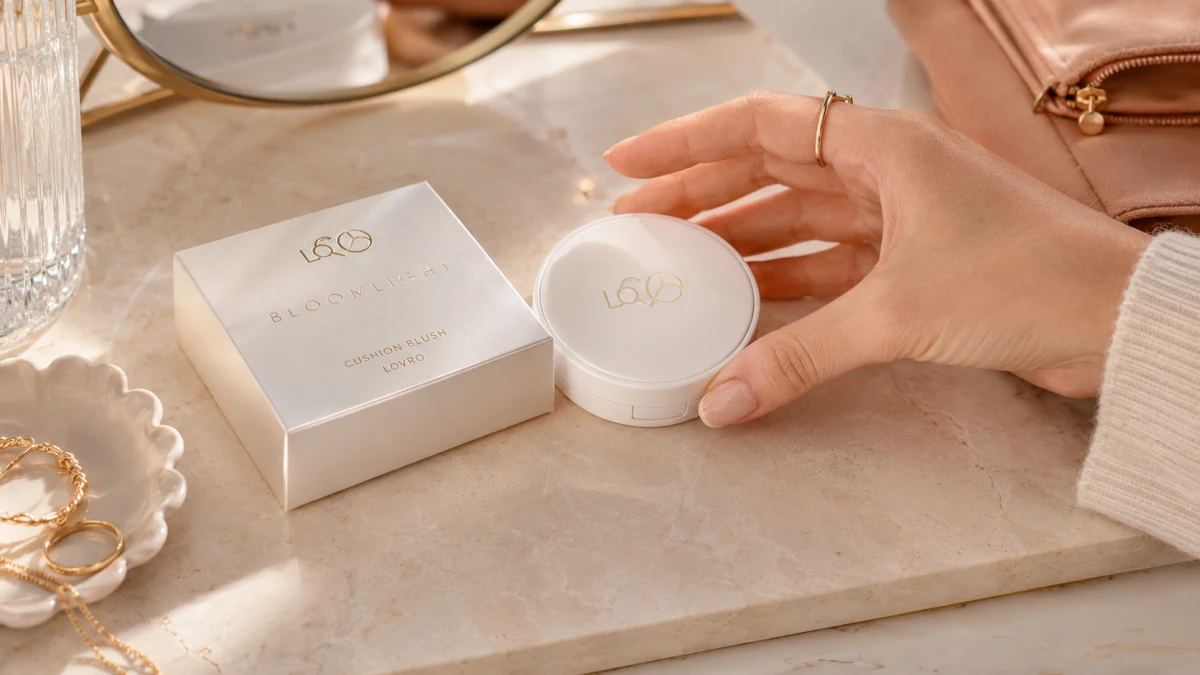 Aplicación del rubor Lovro Bloomlight Cushion Blush 01 Apricot Whisper