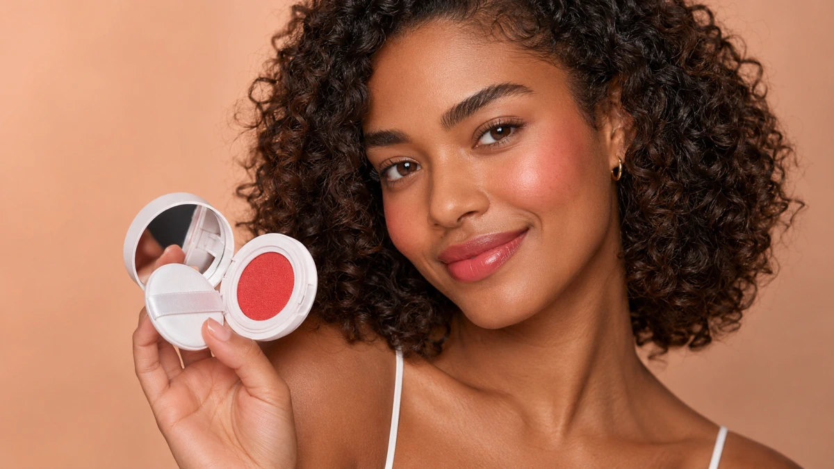 Efekt malinowego różu LOVRO Bloomlight Cushion Blush na policzkach