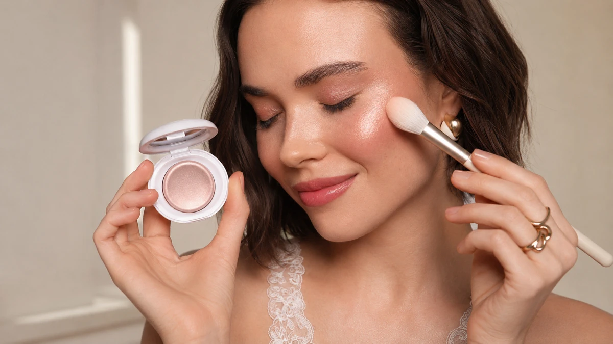 Aplicação do iluminador LOVRO Bloomlight Champagne Diamond nas maçãs do rosto