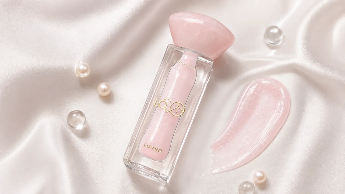 LOVRO Bloomlight Lipgloss 02 Quartz Kiss и образец светло-розового цвета