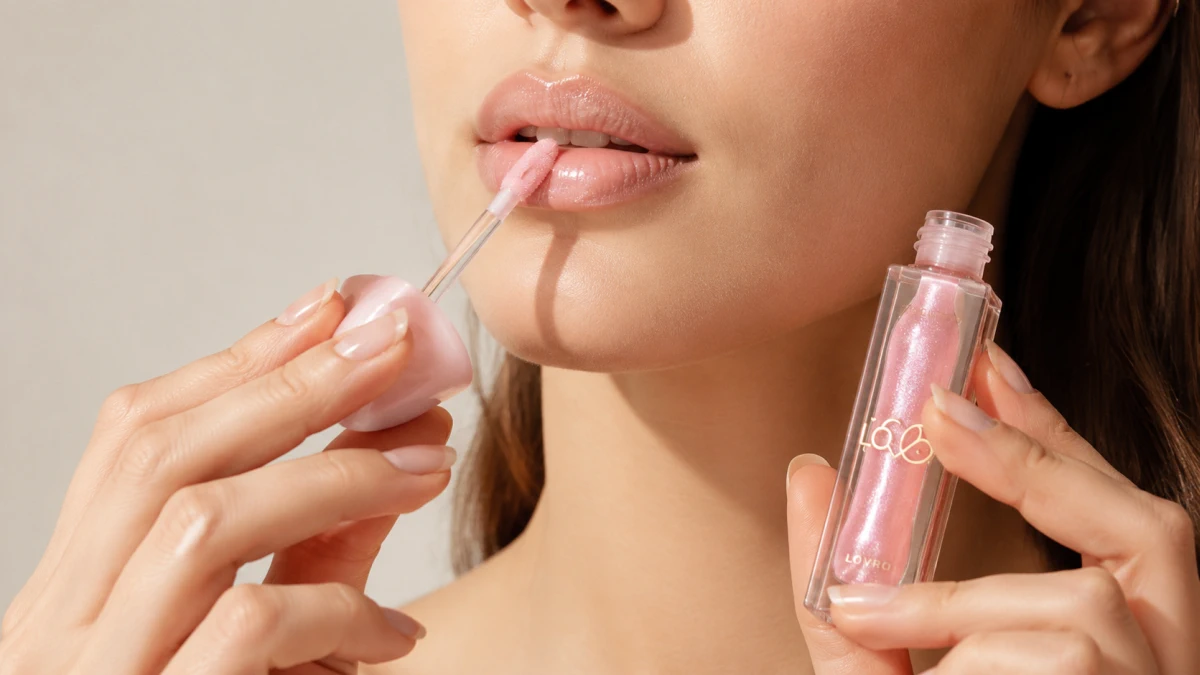 Нанесение блеска LOVRO Bloomlight Lipgloss 03 Pearl Whisper на губы