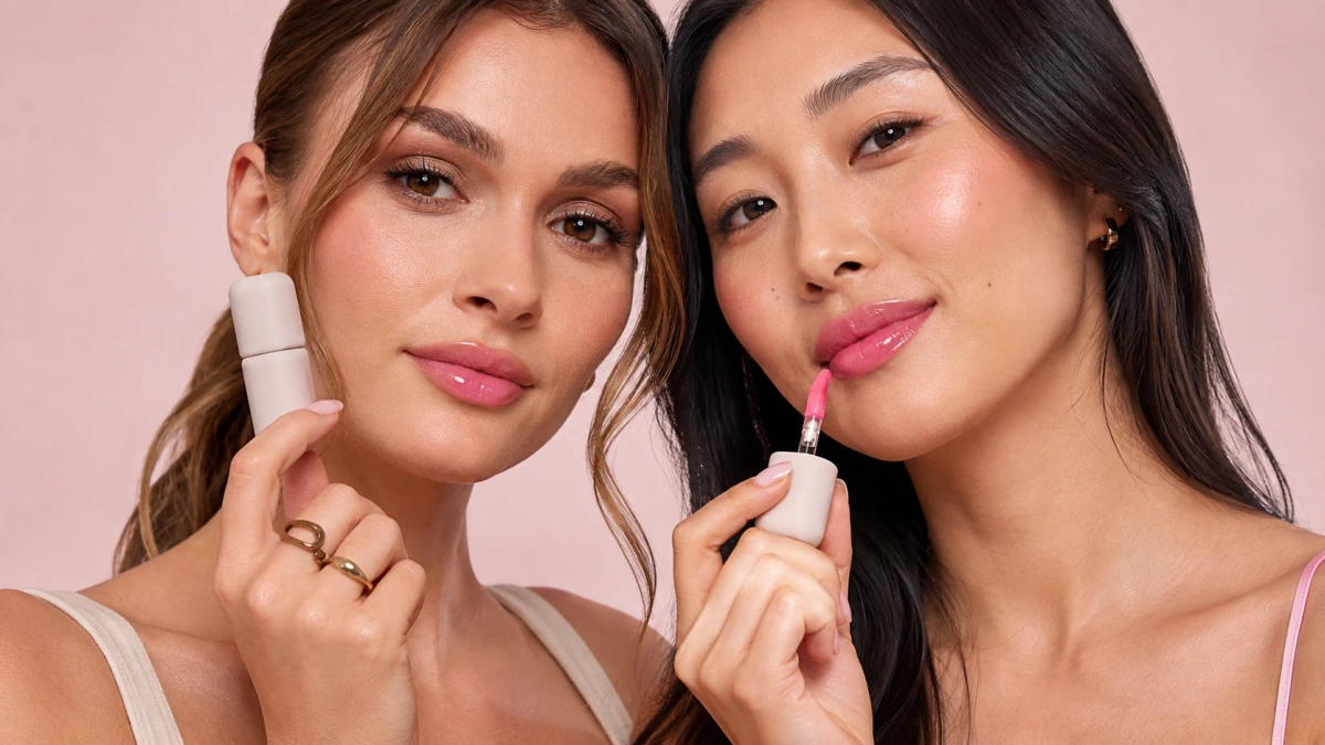 Duas mulheres a apresentar o óleo tintado para os lábios POPPY HEAD Sheerious Lip Tint
