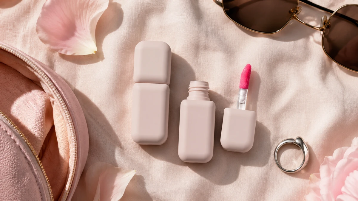 Óleo para os lábios POPPY HEAD Sheerious Lip Tint ao lado de uma nécessaire e óculos