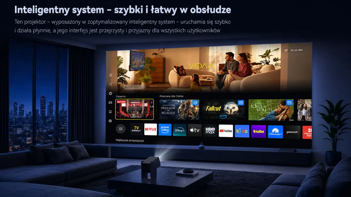 Inteligentny projektor Wanbo Cube 2S z ekranem systemu VIDAA OS w nowoczesnym salonie.